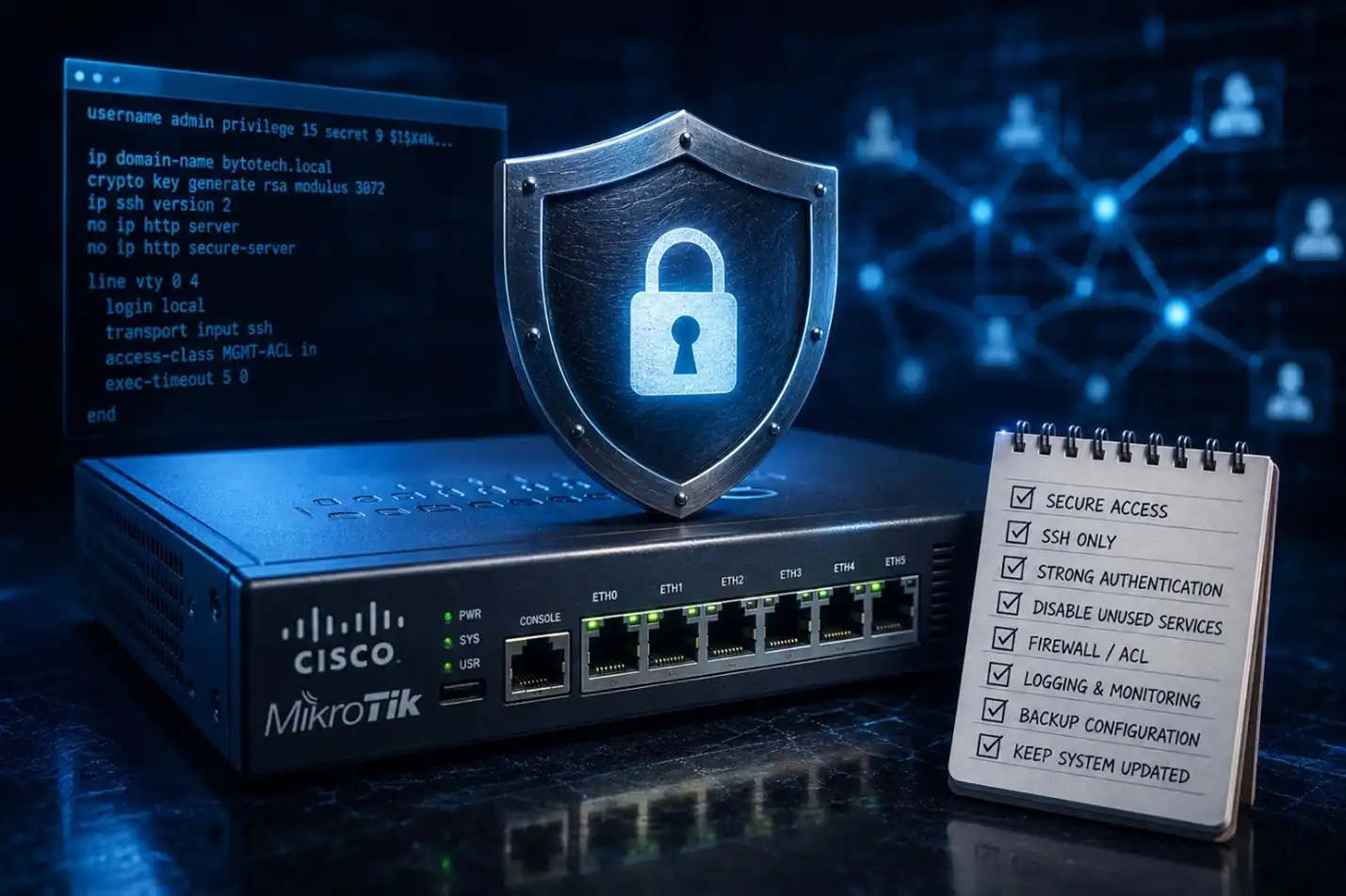 دستورات کاربردی و چک ‌لیست جامع امن‌ سازی روترهای Cisco و MikroTik
